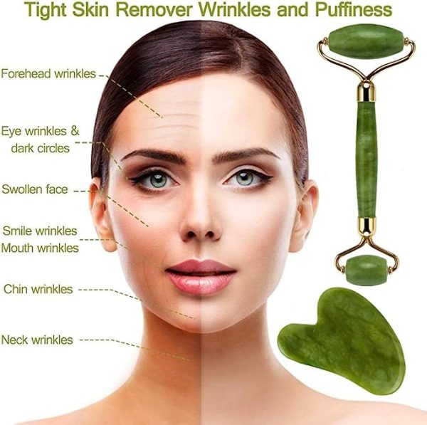 "Jade roller helps tighten skin, reduce wrinkles, and eliminate puffiness for a refreshed look.