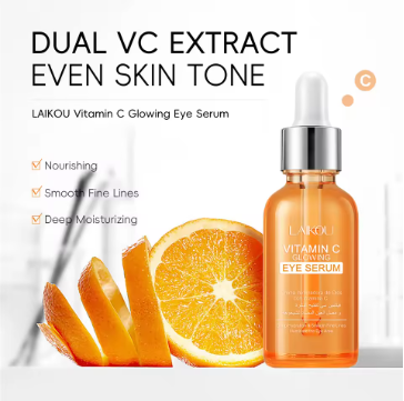 Close-up of Lakyou Beauty Vitamin C serum bottle with golden cap