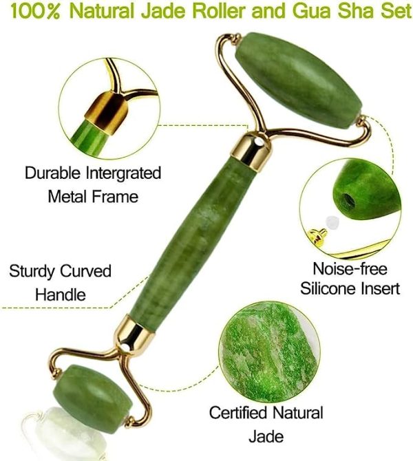 Natural jade roller with durable metal frame, curved handle, and silent silicone insert for smooth skincare.