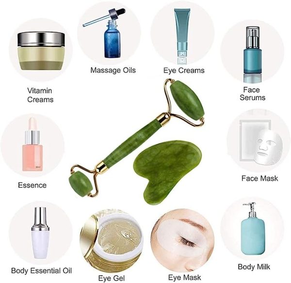 Jade roller used on eyes and neck for relaxation and glowing skin.